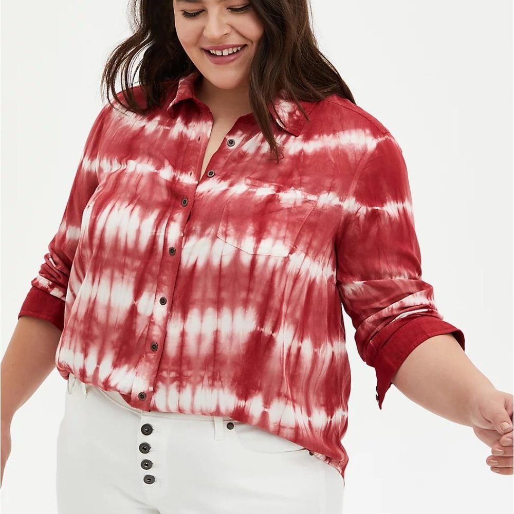 Torrid Red Tie-Dye Twill Button-Up Shirt